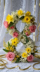 Floral number eight made of daffodils, pink roses, and white baby's breath flowers with golden ribbon decoration