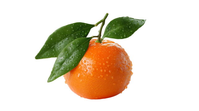 Close up of a mandarin orange with green leaves covered in water droplets on a black background