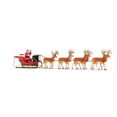 Santa claus waving from a festive red sleigh pulled by five reindeer