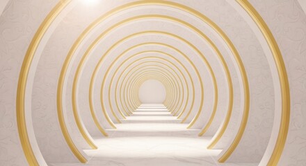 Long, luxurious white-gold arched corridor with ornate walls, bright light ahead