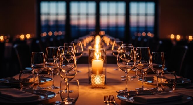 Long formal dinner table set with glowing candles, glasses, and plates in an event venue