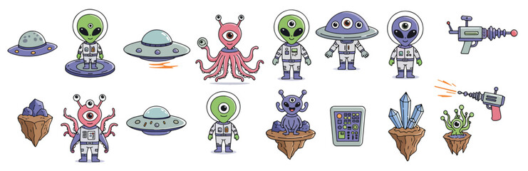  whimsical collection of cartoon aliens spaceships 