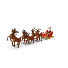 Santa claus in his red sleigh pulled by festive reindeer team