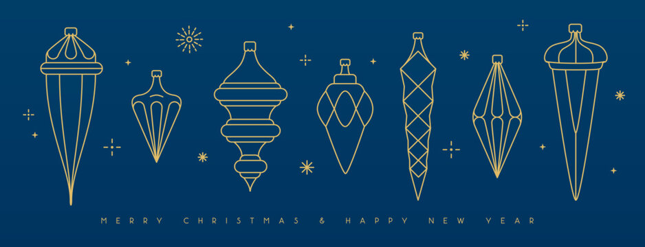 Set of line art holiday Christmas tree toys, baubles, knick knacks, decorations on blue background. Vector illustration