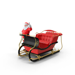 Santa claus standing by an elegant red and gold holiday sleigh