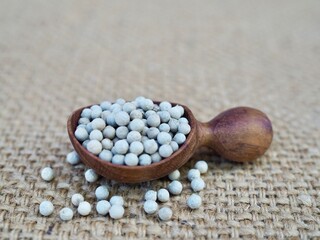 Several white peppercorns placed on a wooden spoon on a sack of clot. Healthy food seasononing.