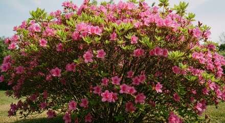 Fototapeta premium Lush bush with vibrant pink blossoms and green leaves in full bloom under sunlight