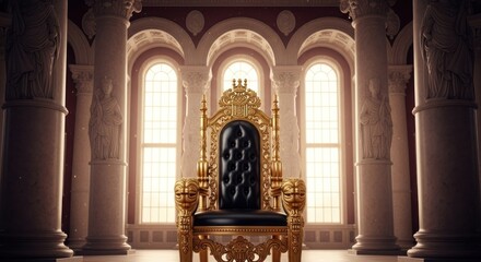 Fototapeta premium Luxurious golden and black throne centered in a vast, columned, sunlit royal hall