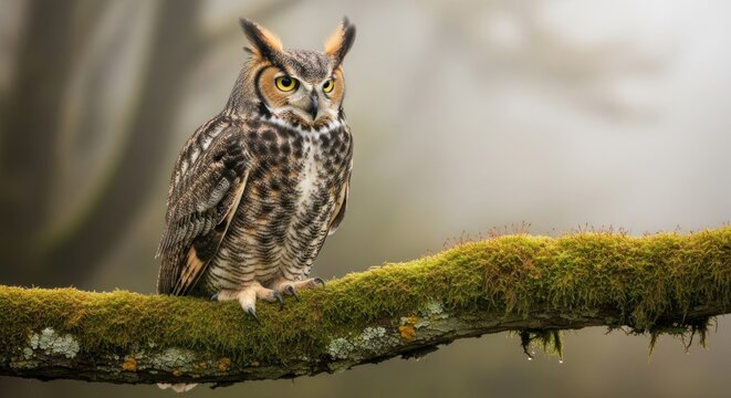 Majestic horned owl with striking yellow eyes perches on mossy branch in misty woods