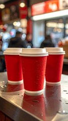 Three red paper cups, possibly with hot beverage, sit on a reflective surface, blurred background with a warm ambiance