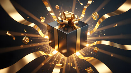 Dark luxury gift box with golden ribbon and sparkling confetti exploding outwards in a dramatic celebration concept