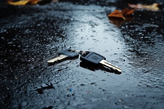Lost car keys glistening on wet asphalt after the rain, potential anxiety concept - Powered by Adobe