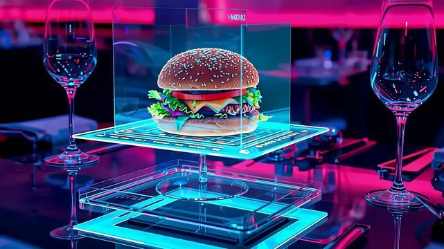 Gourmet cheeseburger displayed on a glowing digital platform in a modern neon restaurant setting with vibrant lighting and elegant table elements