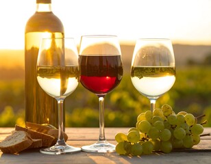 Three stemmed glasses filled with red and white liquids with a bottle, bread, and grapes. Sun sets over a vineyard