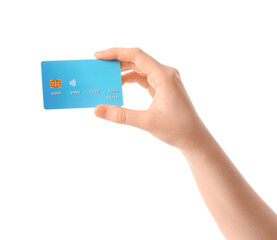 Female hand with credit card on white background