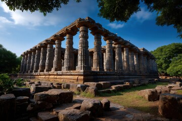 Exploration of an ancient temple with tall columns under a clear blue sky and scattered clouds, showcasing remarkable historical architecture and lush greenery