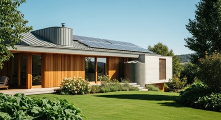 Modern wood-clad home, solar panels, large green lawn, and garden under a clear sky