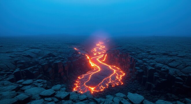Molten lava river glows brightly in a deep, dark volcanic rift under a blue sky