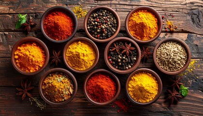 Authentic Indian spices in small bowls, turmeric, chili powder, cumin seeds, star anise, clean rustic wooden background