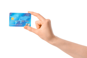 Female hand with credit card on white background