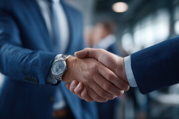 Businessmen engage in a firm handshake at a corporate meeting in a modern office environment with blurred backgrounds of colleagues discussing