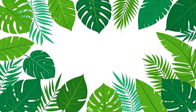 Tropical leaves frame white space, creating vibrant nature border