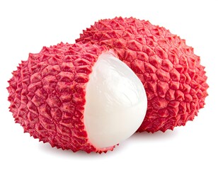 Two fresh lychees, one partially peeled to show the white fruit