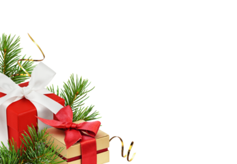 Red and golden gift boxes with ribbon bows and green fir twigs of Christmas tree in a holiday corner arrangement isolated on white or transparent background