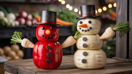 Festive vegetable snowmen with carrot arms and hats on a wooden surface snowman vegetables