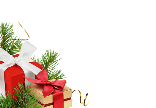 Red and golden gift boxes with ribbon bows and green fir twigs of Christmas tree in a holiday corner arrangement isolated on white or transparent background