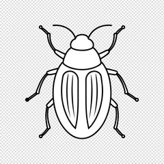 Simple line drawing of a beetle insect with six legs and antennae rendered in black and white on a transparent background