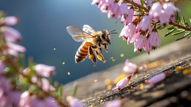 Honey bee in flight collecting pollen from pink heather flowers with blurred background insect flying
