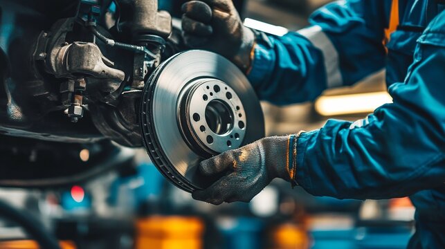 Mechanic repairing car brake disc close-up with tools. vehicle repair concept. generated ai - Powered by Adobe