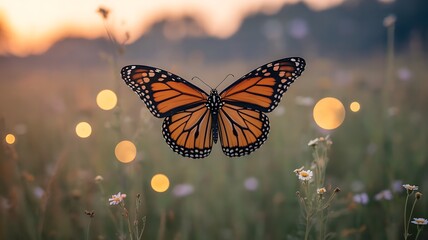 Monarch Butterfly in a Field of Wildflowers at Sunset insect flying