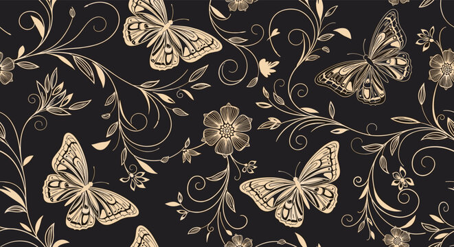 Elegant seamless pattern featuring detailed butterflies and intricate floral vines in a vintage, hand-drawn style on a dark background.