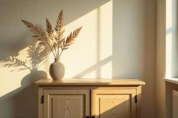 Sunlit Interior Decor Dried Branches in a Vase on a Light Wooden Cabinet