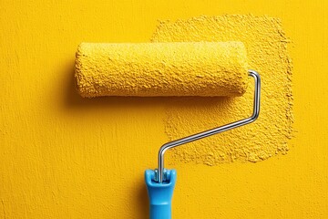 Obraz premium Vibrant yellow paint being applied with a roller on a wall in a bright and cheerful space