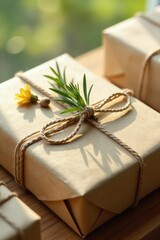 Eco-Friendly Gift Wrapped in Natural Kraft Paper with Delicate Floral Accents and Rustic Twine