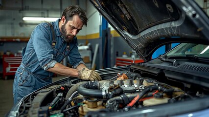 Mechanic working on a car engine inside an automotive repair shop with tools, equipment, and focused attention creating a detailed professional workshop scene