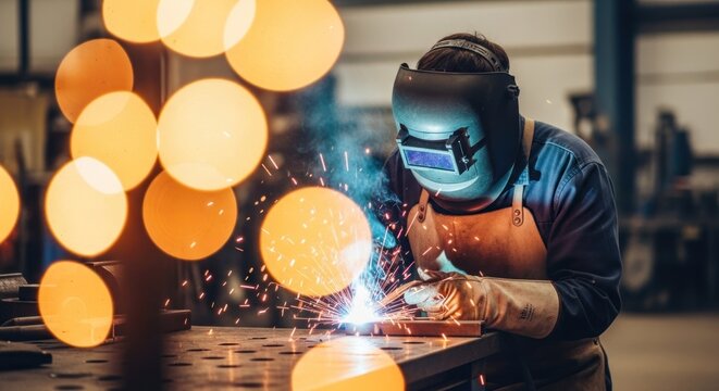 Person in welding helmet and apron performing arc welding with bright sparks and warm bokeh