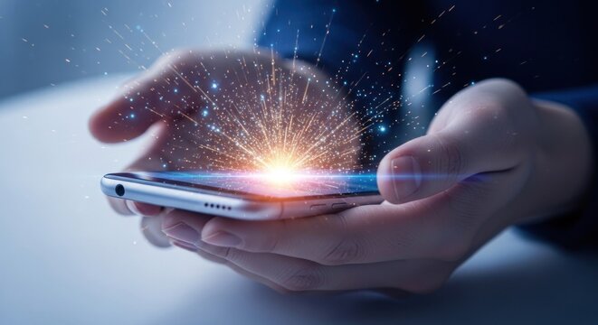 Person's hands cup a smartphone with a luminous data explosion of light particles