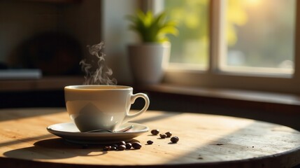 Aromatic Steam Rising From a Cup of Coffee on a Sunny Wooden Table