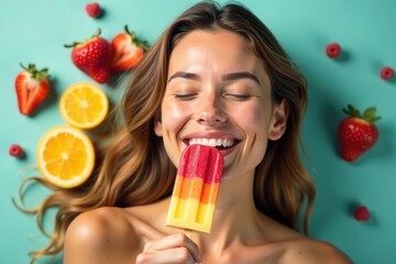 Smiling woman enjoying a vibrant layered fruit popsicle surrounded by fresh citrus and berries
