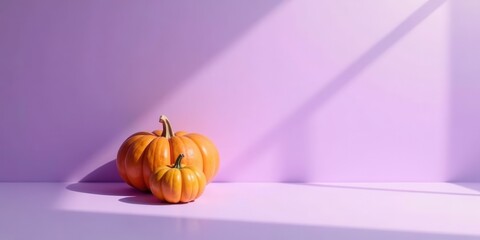 Autumnal Still Life Two Pumpkins Bask in Soft Sunlight Against a Lavender Background