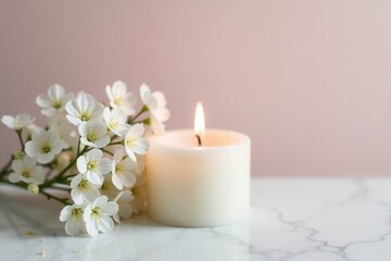 Serene Stillness A Lit Candle and Delicate White Blooms Resting on a Polished Marble Surface