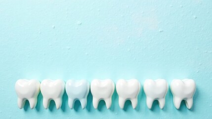 A Row of Porcelain Teeth Models on a Light Blue Background, Ideal for Dental Health Promotion Materials