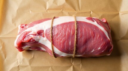A tightly bound cut of red meat, marbled with white fat, rests on a sheet of brown paper