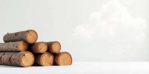 A neatly stacked pile of timber logs rests on a pristine white surface, set against a soft, bright backdrop suggesting a serene outdoor setting.