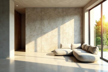 Sunlit Modern Minimalist Living Room Interior Design with Sectional Sofa and Large Window
