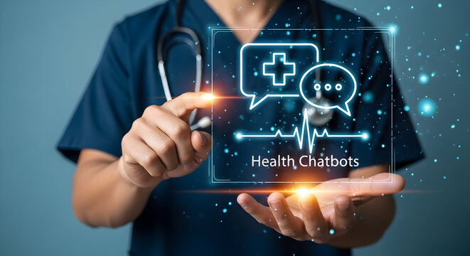 Discover cutting-edge health tech solutions with medical chatbots for streamlined communication and improved patient care, presented with modern digital interface by a doctor